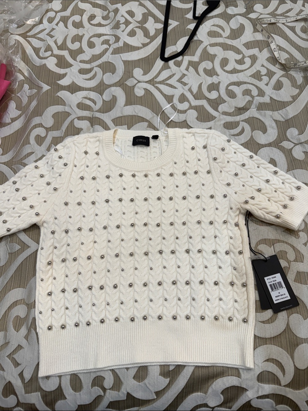 Cyrus Ivory Beaded Cable-Knit Short Sleeve top